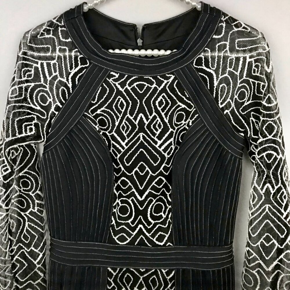 Tadashi Shoji Nima dress Black White Embroidered Lace Long Sleeve Sheath Sheer M - Picture 4 of 5